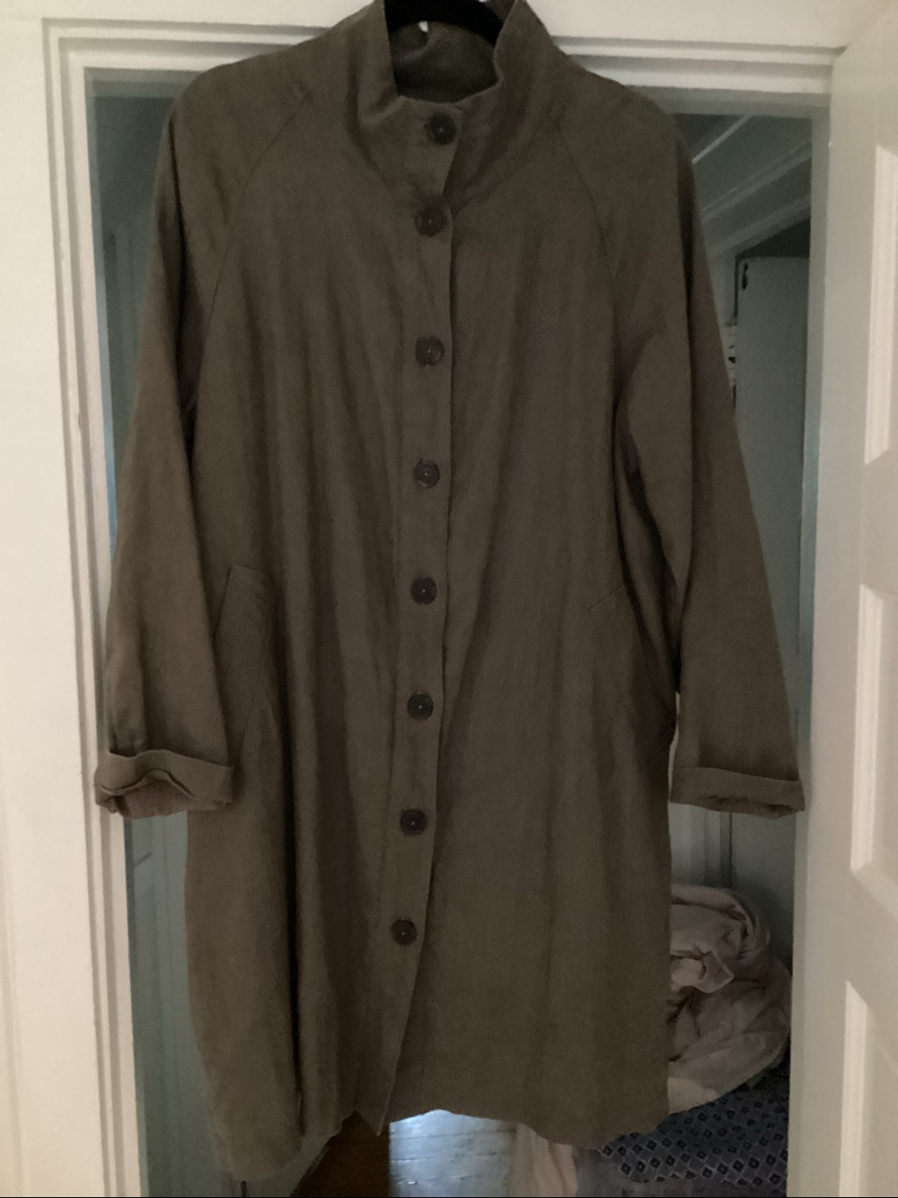 Garnet Hill Linen Olive-Tone Long Trench Coat
